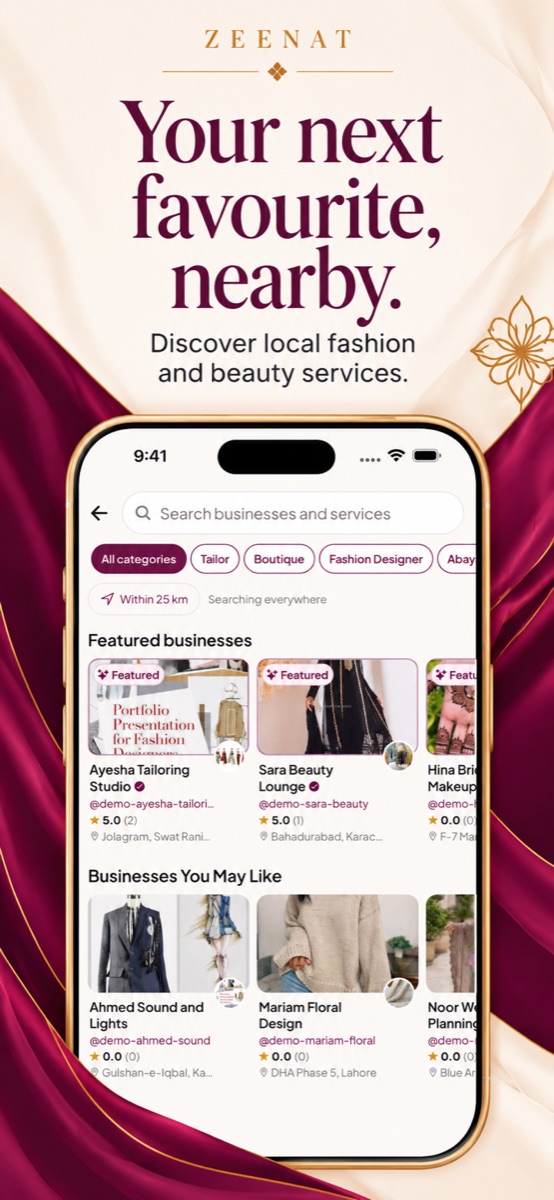 Marketing preview of nearby business discovery in Zeenat