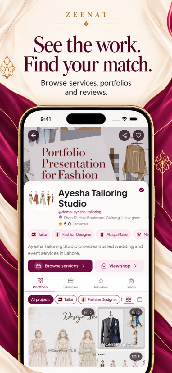 Marketing preview of business services, portfolio and reviews