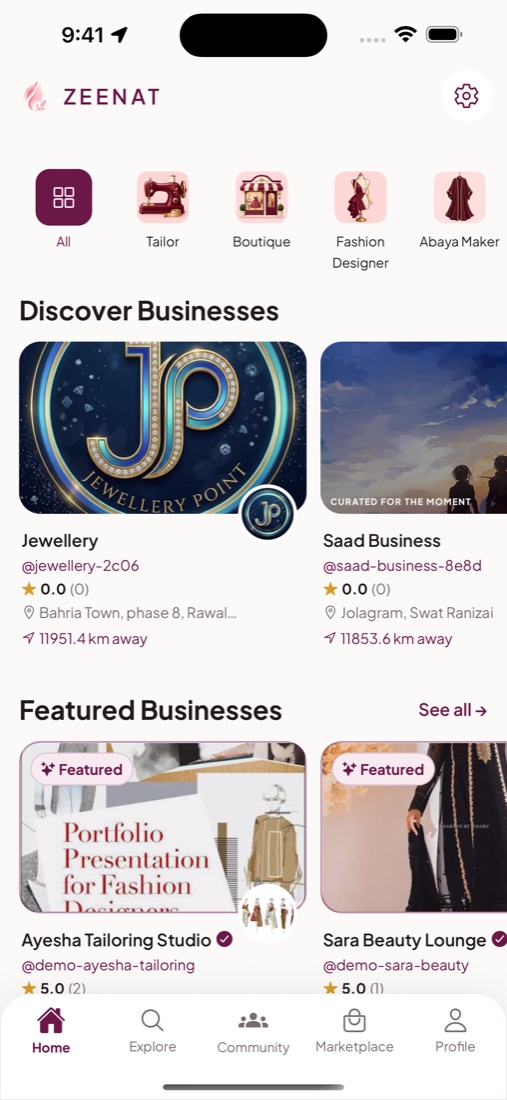 Zeenat app home screen showing local businesses and service categories